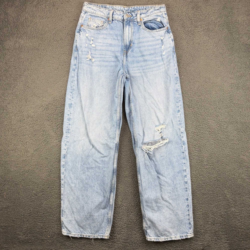 H&M &Denim Baggy Loose Fit High Waist Distressed Light Wash Jeans US 6